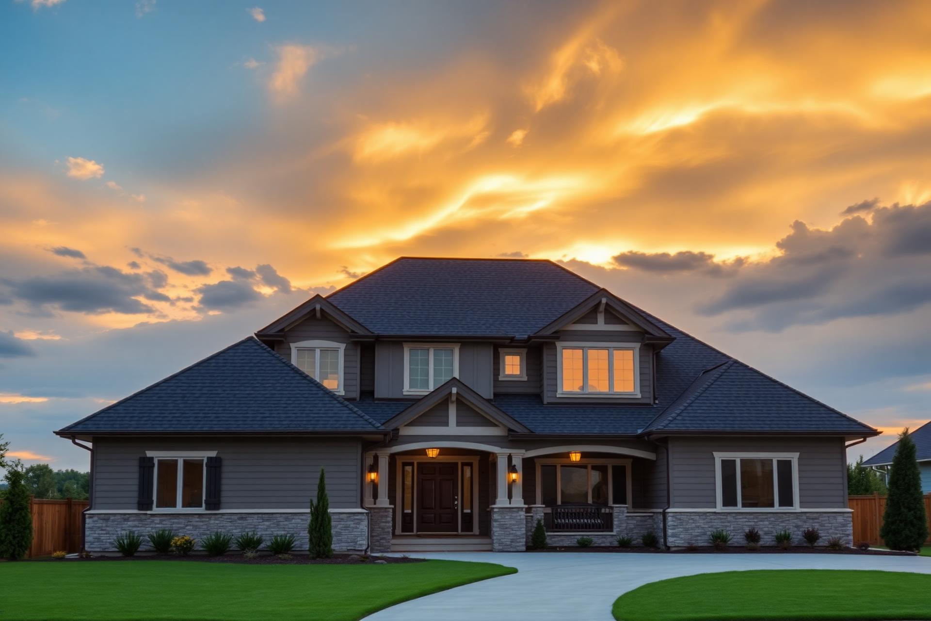 Beautiful residential home with a new roof at dusk